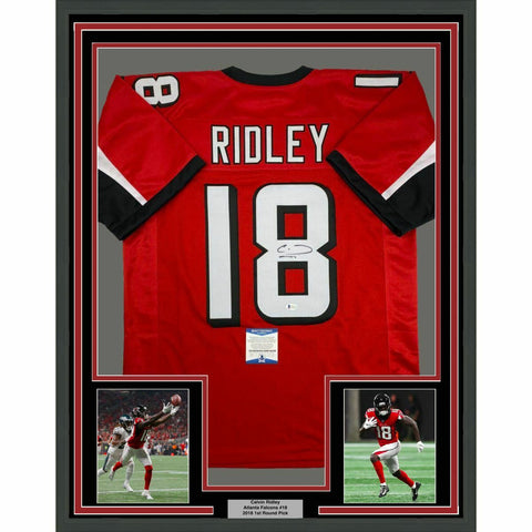 FRAMED Autographed/Signed CALVIN RIDLEY 33x42 Atlanta Red Jersey Beckett BAS COA