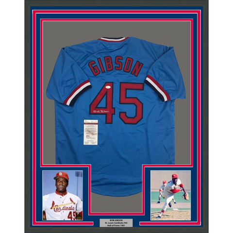 Framed Autographed/Signed Bob Gibson 33x42 St. Louis Blue Jersey JSA COA Auto