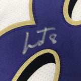 Autographed/Signed LAMAR JACKSON Baltimore White Football Jersey JSA COA Auto