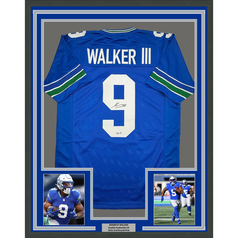 Framed Autographed/Signed Kenneth Walker 35x39 Seattle Retro Jersey Beckett COA