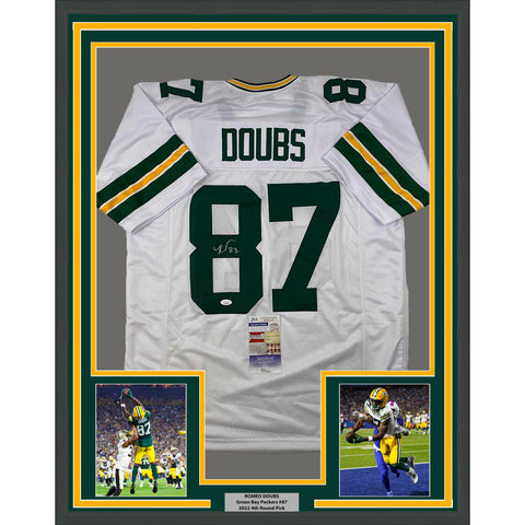 Framed Autographed/Signed Romeo Doubs 33x42 Green Bay White Jersey JSA COA