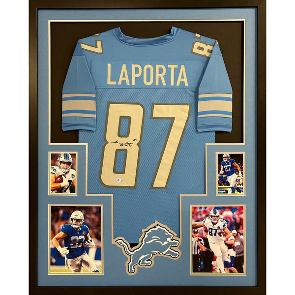 Sam LaPorta Autographed Signed Framed Blue Detroit Lions Jersey BECKETT