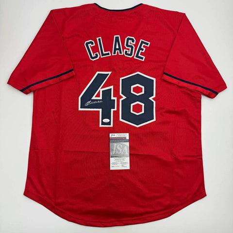 Autographed/Signed Emmanuel Clase Cleveland Red Baseball Jersey JSA COA