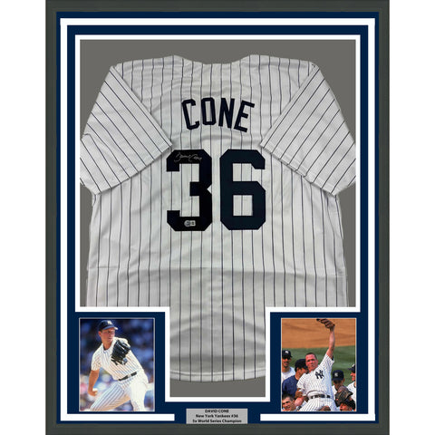 Framed Autographed/Signed David Cone 35x39 New York Pinstripe Jersey Beckett COA