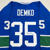 Autographed/Signed Thatcher Demko Vancouver Blue Hockey Jersey JSA COA