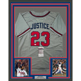 Framed Autographed/Signed David Justice 33x42 Atlanta Grey Jersey JSA COA