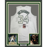 Framed Autographed/Signed Giannis Antetokounmpo 35x39 White Jersey JSA COA #2