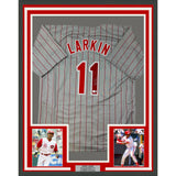 Framed Autographed/Signed Barry Larkin 33x42 Cincinnati Grey Jersey BAS COA