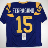 Autographed/Signed VINCE FERRAGAMO Los Angeles LA Blue Football Jersey JSA COA