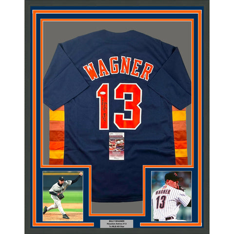 Framed Autographed/Signed Billy Wagner 33x42 422 Saves Blue Jersey JSA COA