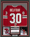 Framed Autographed/Signed Ed Belfour 35x39 Chicago Red Hockey Jersey JSA COA