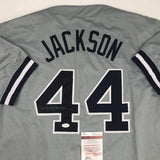 Autographed/Signed REGGIE JACKSON New York Grey Baseball Jersey JSA COA Auto