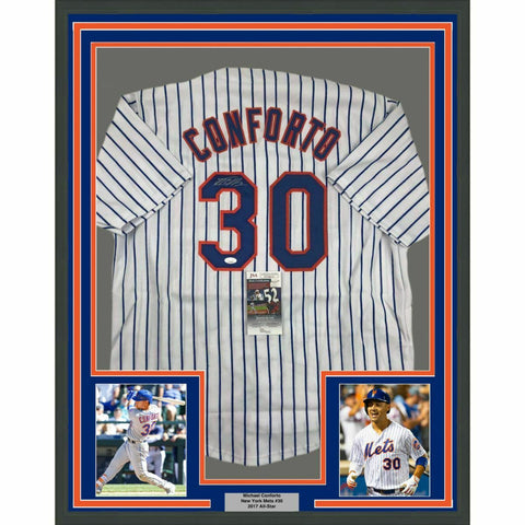 FRAMED Autographed/Signed MICHAEL CONFORTO 33x42 NY Pinstripe Jersey JSA COA