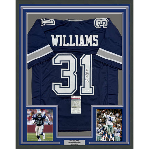 Framed Autographed/Signed Roy Williams 35x39 Dallas Blue Football Jersey JSA COA