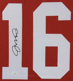 Joe Montana Signed San Francisco 49ers 35x43 Custom Framed Jersey (JSA COA) Q.B.