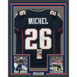 FRAMED Autographed/Signed SONY MICHEL 33x42 New England Blue Jersey JSA COA Auto