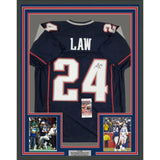 Framed Autographed/Signed Ty Law 35x39 New England Blue Football Jersey JSA COA