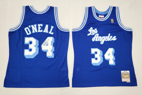 Shaquille O'Neal Signed LA Lakers 1996-97 T/B Blue M&N Jersey Beckett Witnessed