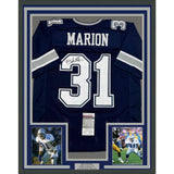 Framed Autographed/Signed Brock Marion 35x39 Dallas Blue Jersey JSA COA