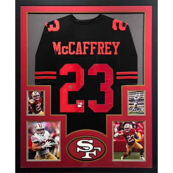 Christian McCaffrey Autographed Signed Framed Black 49ers Jersey JSA