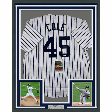 FRAMED Autographed/Signed GERRIT COLE 33x42 New York Pinstripe Jersey JSA COA