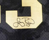 CELTICS LARRY BIRD AUTOGRAPHED BLACK M&N GOLD TOILE JERSEY XL BECKETT 177716