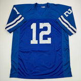 Autographed/Signed Roger Staubach Dallas Blue Football Jersey Beckett BAS COA