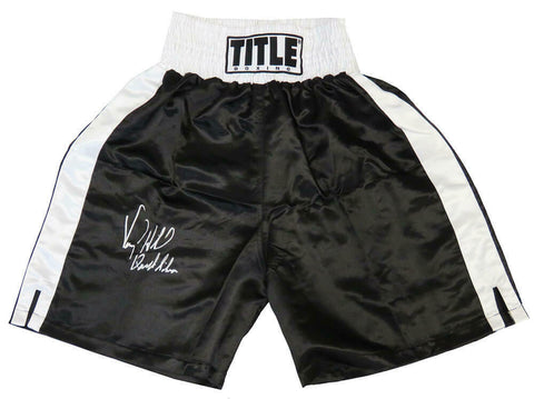 Virgil Hill Signed Title Black & White Trim Boxing Trunks w/Quicksilver - SS COA