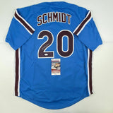 Autographed/Signed MIKE SCHMIDT Philadelphia Retro Blue Baseball Jersey JSA COA