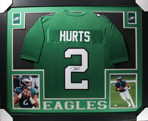 JALEN HURTS (Eagles green SKYLINE) Signed Autographed Framed Jersey JSA