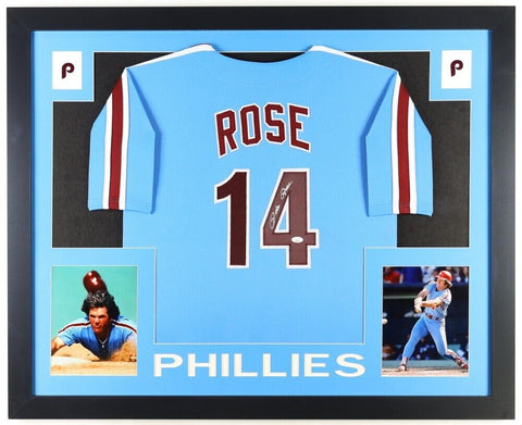 Pete Rose Signed 35x43 Framed Phillies Jersey (JSA) 1980 World Series Champion