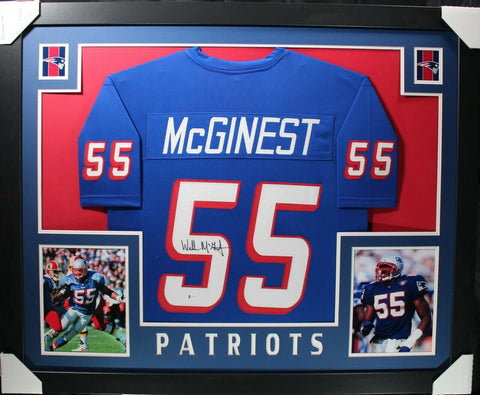 WILLIE MCGINEST (Patriots throw SKYLINE) Signed Autograph Framed Jersey Beckett