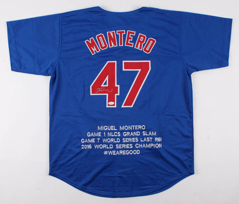 Miguel Montero Signed Chicago Cubs 2016 Playoff Highlights Stat Jersey (JSA COA)