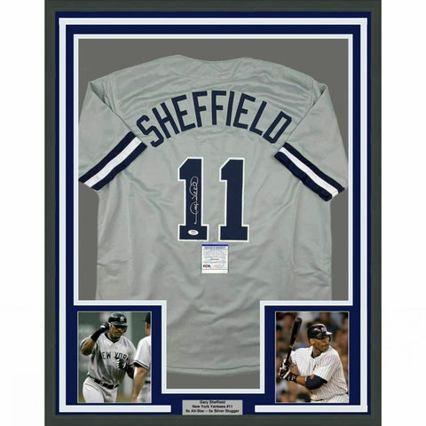 FRAMED Autographed/Signed GARY SHEFFIELD 33x42 New York Grey Jersey PSA/DNA COA