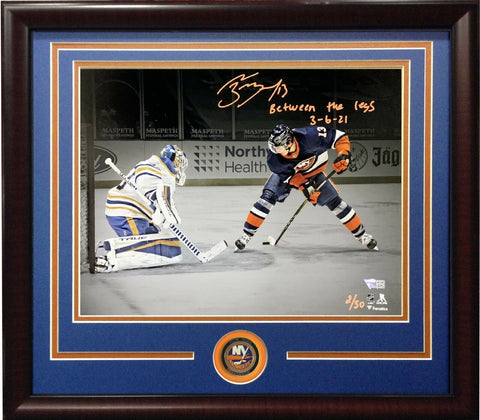 Mathew Barzal Islanders Signed Between Legs Goal 11x14 Photo Framed Fanatics /50