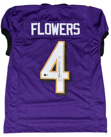 ZAY FLOWERS AUTOGRAPHED BALTIMORE RAVENS #4 PURPLE GAME CUT JERSEY BECKETT