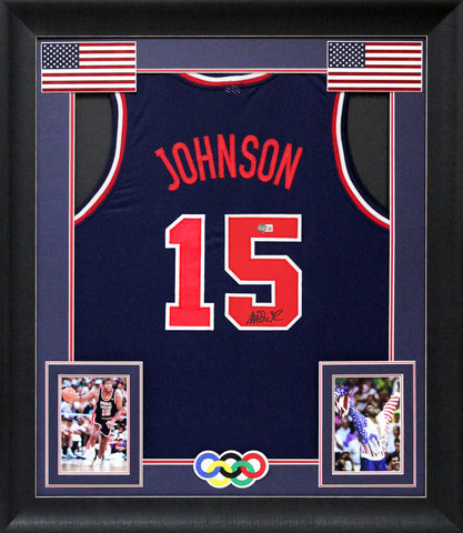 Magic Johnson Team USA Authentic Signed Navy Pro Style Framed Jersey BAS Witness