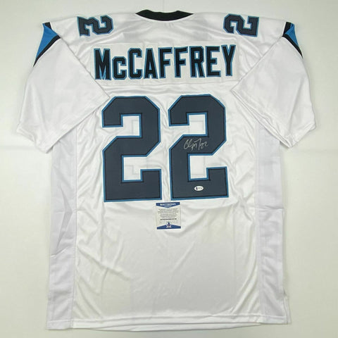 Autographed/Signed CHRISTIAN MCCAFFREY Carolina White Jersey Beckett BAS COA