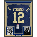 Framed Autographed/Signed Roger Staubach 35x39 Navy Blue College Jersey JSA COA