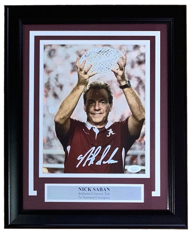 Nick Saban Signed Framed 8x10 Alabama Crimson Tide Trophy Photo JSA