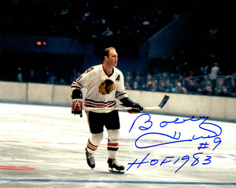 BOBBY HULL Signed Blackhawks Horizontal Action 8x10 Photo w/HOF 1983 - SCHWARTZ