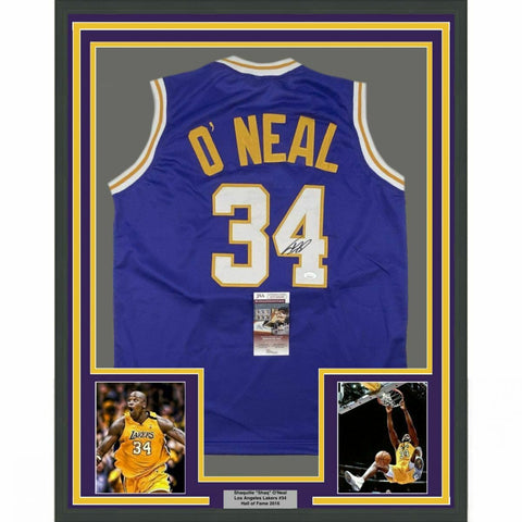 FRAMED Autographed/Signed SHAQUILLE SHAQ O'NEAL 33x42 LA Purple Jersey JSA COA