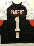 Autographed/Signed BERNIE PARENT HOF 84 Philadelphia Black Hockey Jersey JSA COA