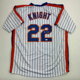 Autographed/Signed Ray Knight New York Pinstripe Baseball Jersey Beckett BAS COA