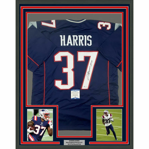 FRAMED Autographed/Signed DAMIEN HARRIS 33x42 Blue Football Jersey Beckett COA