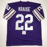 Autographed/Signed Paul Krause HOF 98 Minnesota Purple Jersey Beckett BAS COA