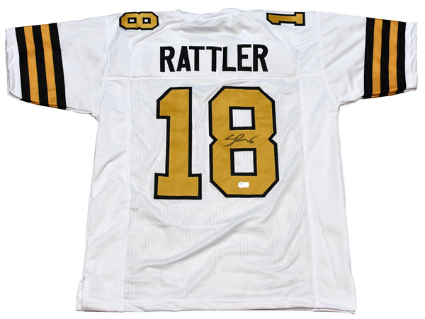 SPENCER RATTLER SIGNED NEW ORLEANS SAINTS #18 WHITE COLOR RUSH JERSEY BECKETT