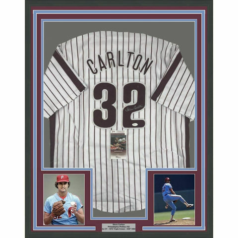 FRAMED Autographed/Signed STEVE CARLTON 33x42 Pinstripe Baseball Jersey JSA COA