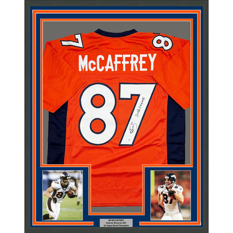Framed Autographed/Signed Ed McCaffrey 35x39 2x SB Champs Orange Jersey BAS COA