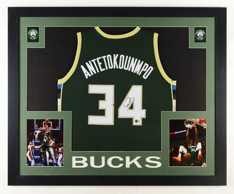 Giannis Antetokounmpo Signed 35"x43" Framed Milwaukee Bucks Jersey (Beckett)